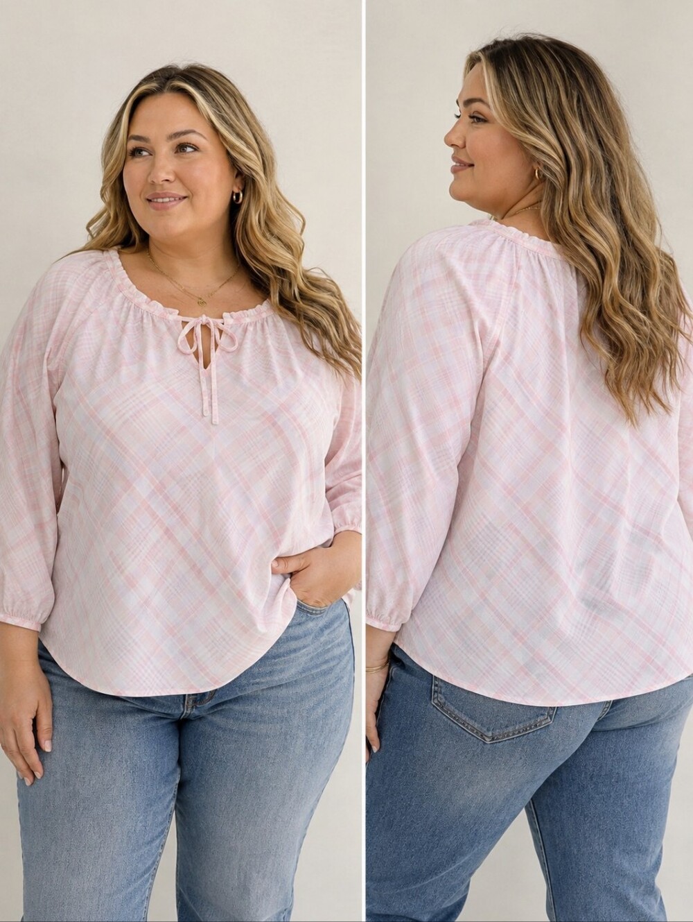 Lane Bryant Tie Neck Pink Plaid Peasant Blouse